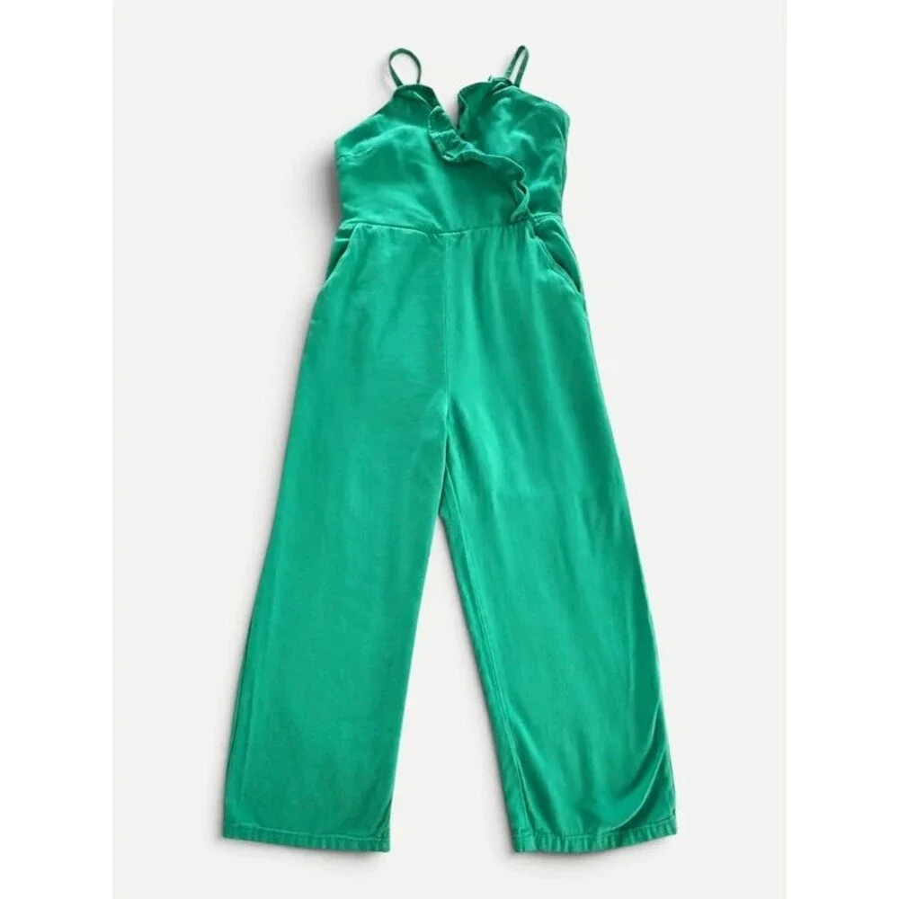 GB Girls Green Ruffle Wrap Jumpsuit Size 7 Wide Leg Adjustable Straps